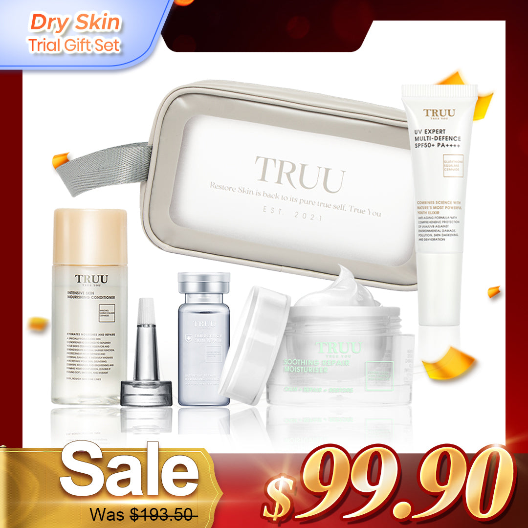 TRUU Nourishing Conditioner -30ml + Repair Essence -10ml + Repair Cream -8g + UV Expert SPF50+ PA++++ -10ml + Skincare Travel Bag | Trial Gift Set
