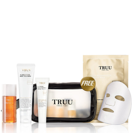 TRUU 76 Body Treatment 30ml + UV Expert Multi-Defence 10ml + 76 Cleanser -30g【FREE】Youth Regeneration Ampoule Mask + Skincare Travel Bag