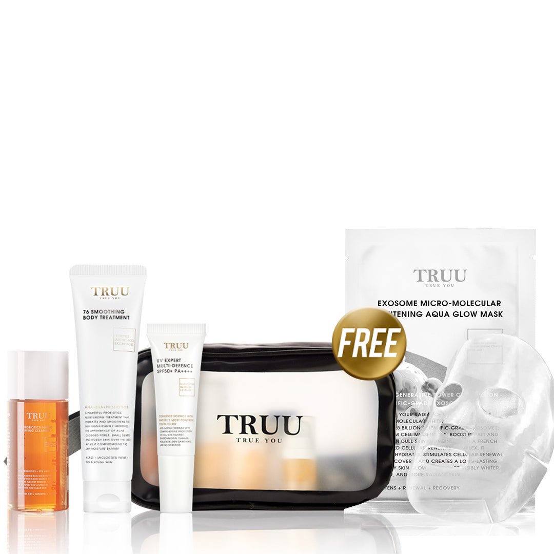 TRUU 76 Body Treatment 30ml + UV Expert Multi-Defence 10ml + 76 Cleanser -30g【FREE】Whitening Aqua Glow Mask + Skincare Travel Bag