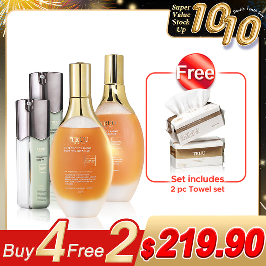 TRUU 76 Probiotics Amino Purifying Cleanser x2 + 99 Oil Control Moisture Balancing Cream x2【FREE】Cleansing Towel x2