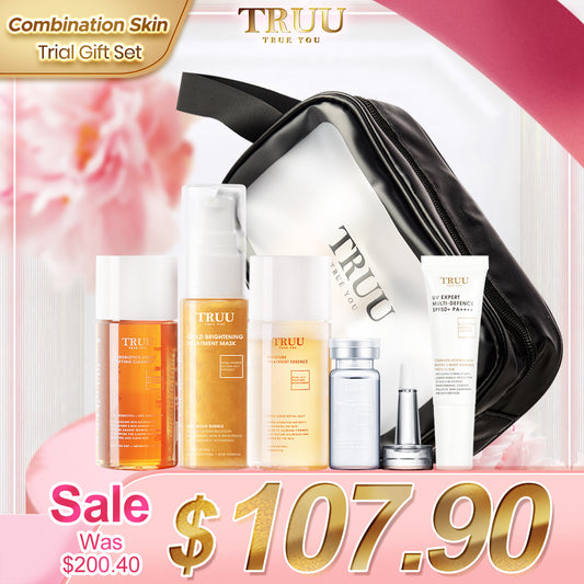 TRUU 76 Cleanser -30g + Gold Bubble Mask -50ml + Treatment Essence -30ml + Hydrating Repair Essence -10ml + UV Expert -10ml + Skincare Travel Bag