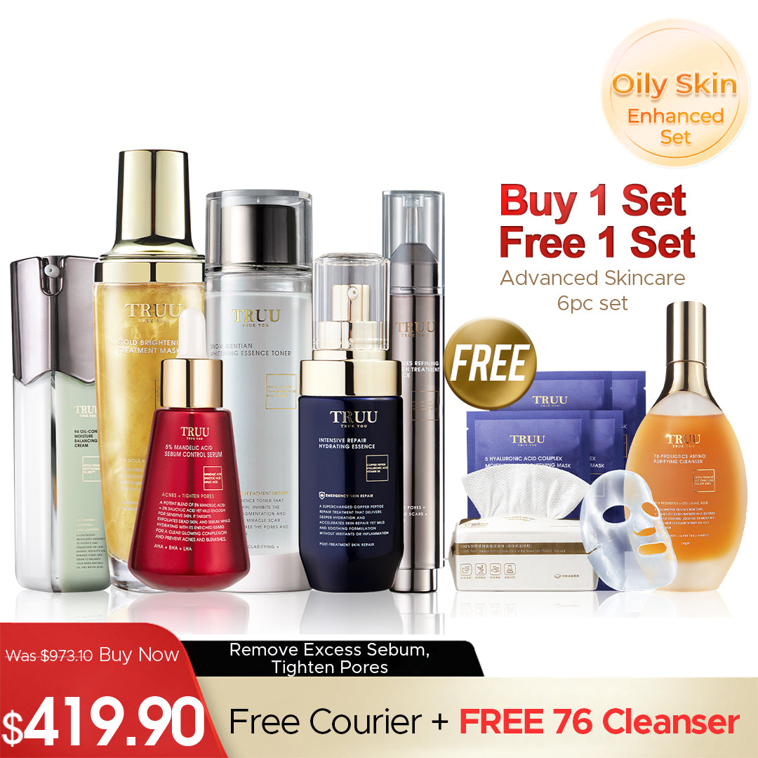 TRUU 76 Cleanser + 5% Mandelic Acid Serum + 45 Essence + 99 Cream【FREE】Whitening Toner -30ml + Hydrating Essence 10ml + Bubble Mask -30ml
