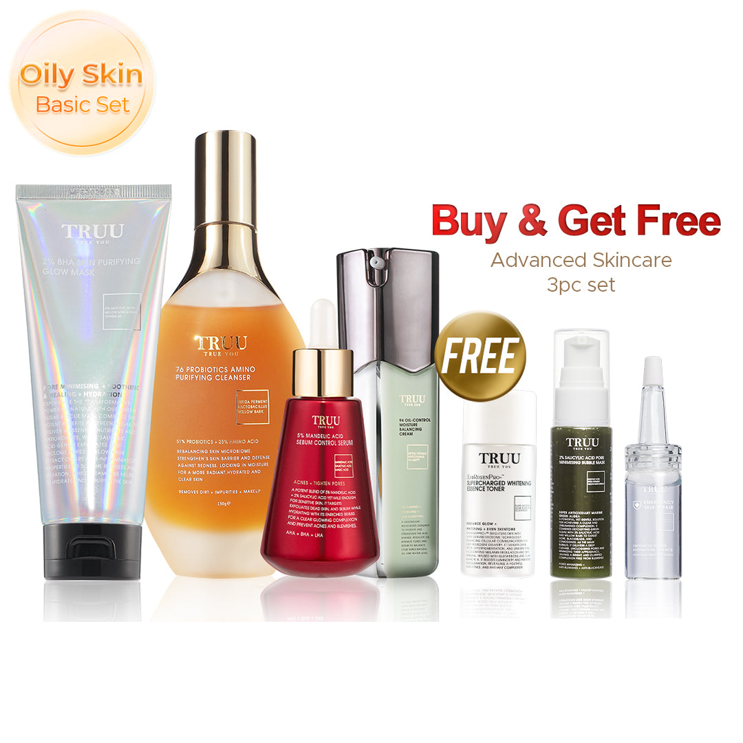 TRUU 76 Cleanser + 5% Mandelic Acid Serum + 2% BHA Skin Purifying Glow Mask + 99 Cream【FREE】Whitening Toner -30ml + Hydrating Essence 10ml + Bubble Mask -30ml