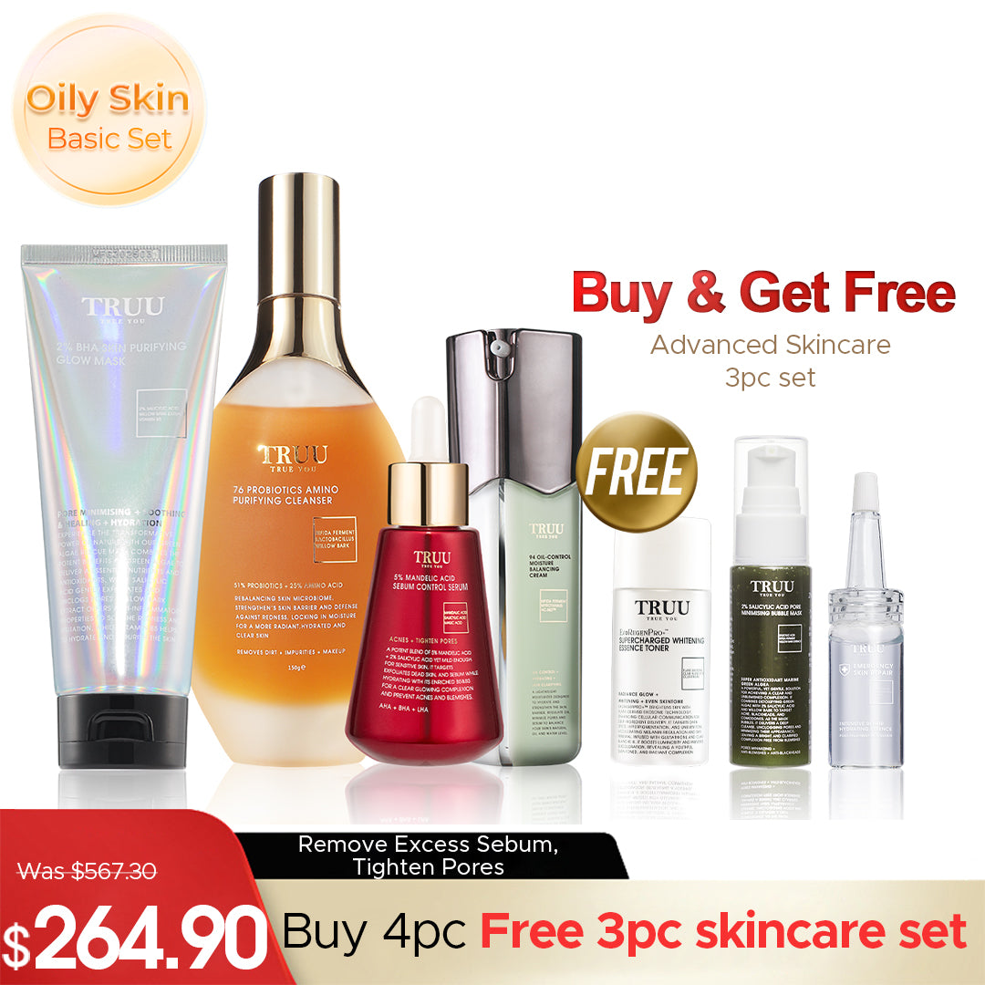 TRUU 76 Cleanser + 5% Mandelic Acid Serum + 2% BHA Skin Purifying Glow Mask + 99 Cream【FREE】Whitening Toner -30ml + Hydrating Essence 10ml + Bubble Mask -30ml