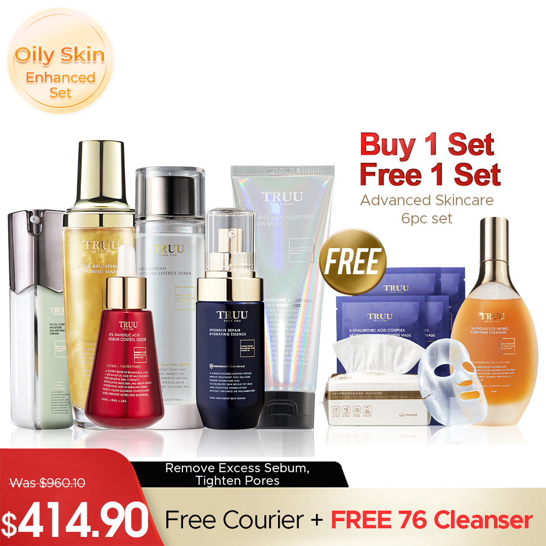 TRUU 76 Cleanser + 5% Mandelic Acid Serum + 2% BHA Skin Purifying Glow Mask + 99 Cream【FREE】Whitening Toner -30ml + Hydrating Essence 10ml + Bubble Mask -30ml