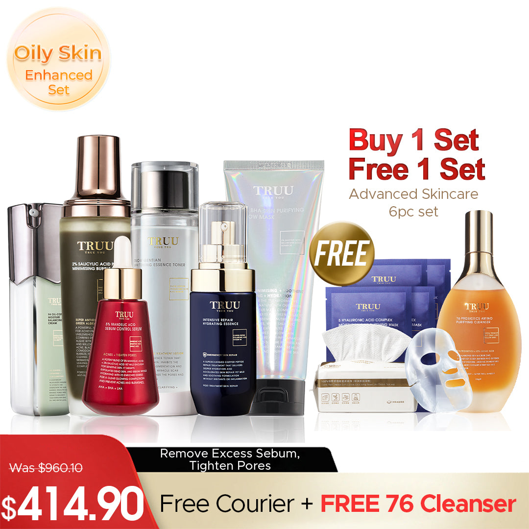 TRUU 76 Cleanser + 5% Mandelic Acid Serum + 2% BHA Skin Purifying Glow Mask + 99 Cream【FREE】Whitening Toner -30ml + Hydrating Essence 10ml + Bubble Mask -30ml