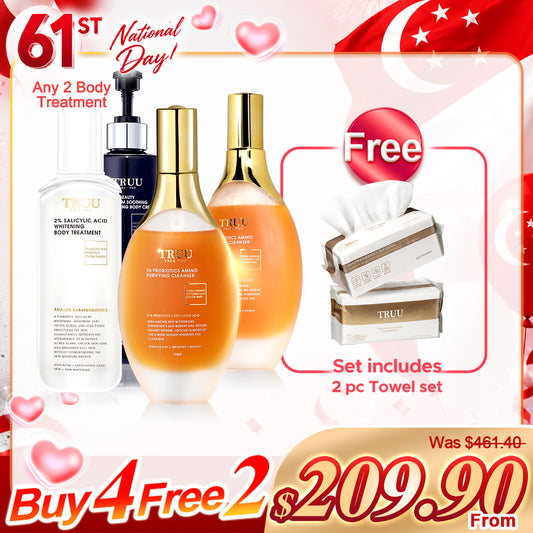 TRUU Body Treatment x2+76 Probiotics Amino Purifying Cleanser x2【PERCUMA】Tuala Pembersih (100pcs) x2