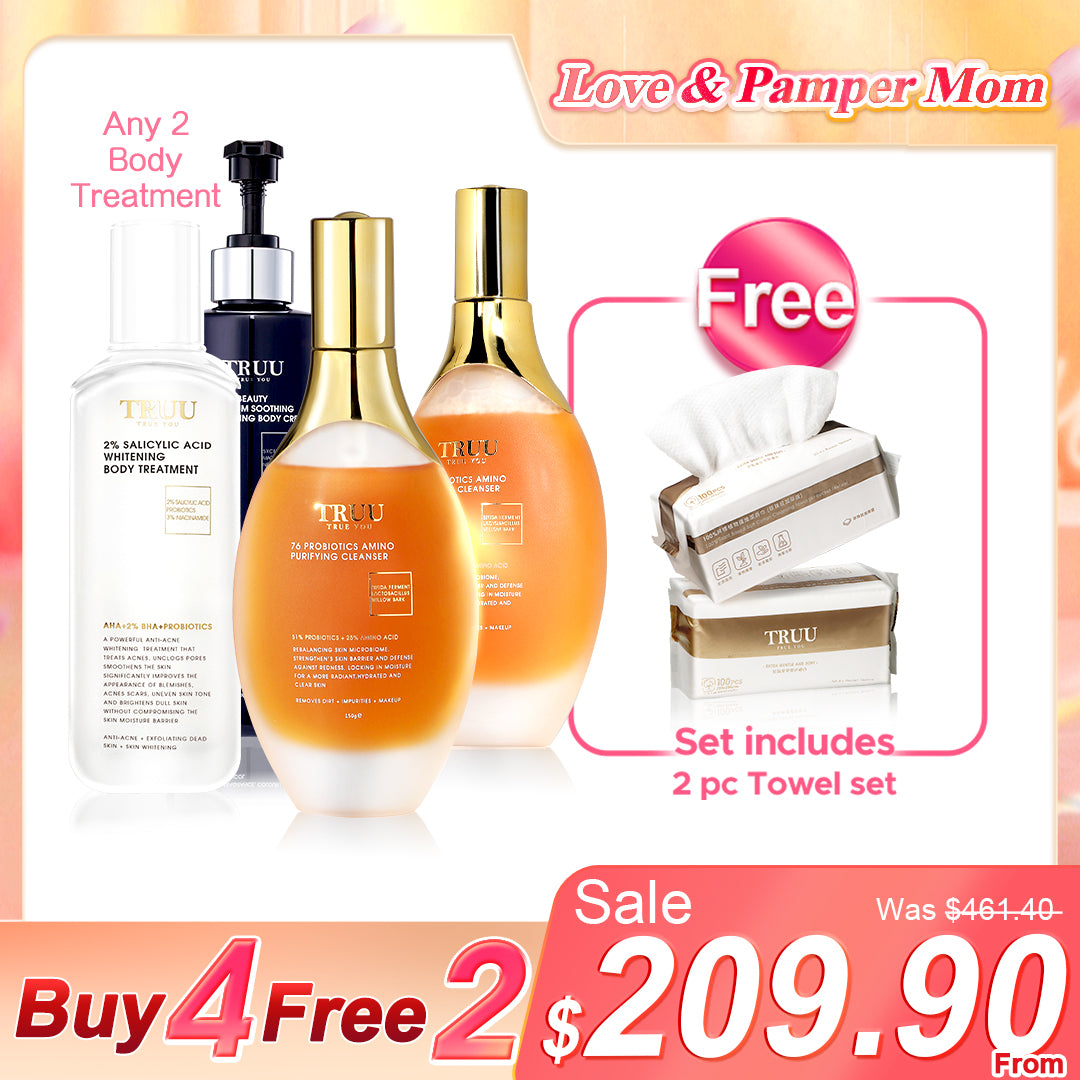 TRUU Body Treatment x2+76 Probiotics Amino Purifying Cleanser x2【PERCUMA】Tuala Pembersih (100pcs) x2