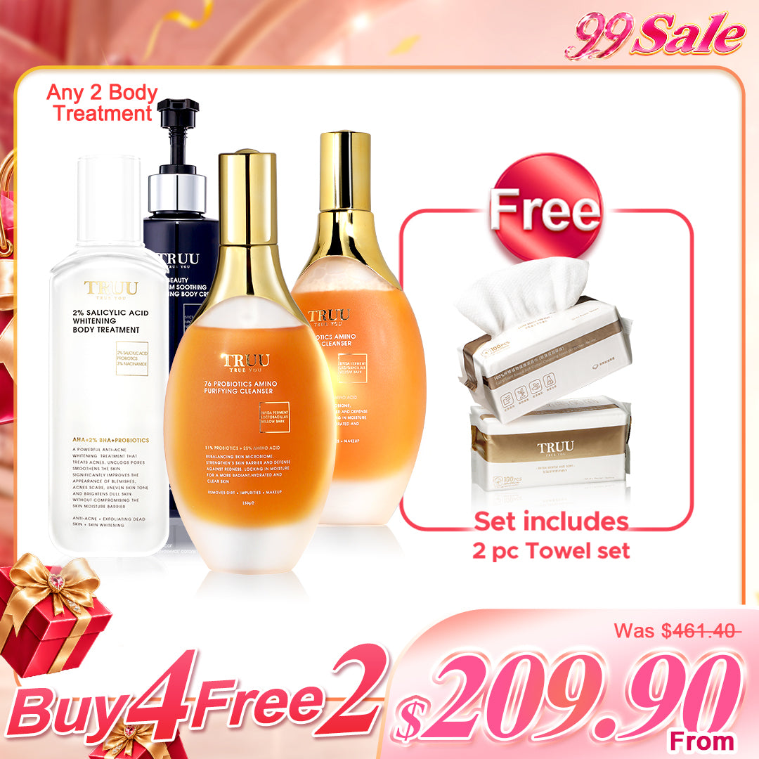 TRUU Body Treatment x2+76 Probiotics Amino Purifying Cleanser x2【FREE】Cleansing Towels (100pcs) x2