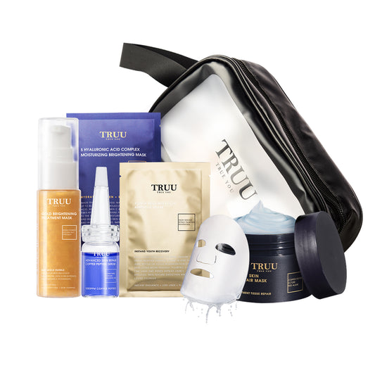 TRUU Gold Brightening Treatment Mask -50ml + Regeneration Ampoule Mask 1pc + 5 Hyaluronic Acid Mask 1pc + Copper Peptide Serum -7ml + Repair Mask -30g + Skincare Travel Bag