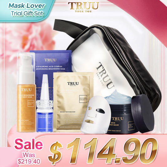 TRUU Gold Brightening Treatment Mask -50ml + Regeneration Ampoule Mask 1pc + 5 Hyaluronic Acid Mask 1pc + Copper Peptide Serum -7ml + Repair Mask -30g + Skincare Travel Bag