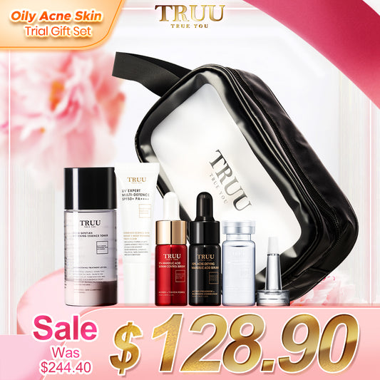 TRUU Whitening Essence Toner-30g + 5% Mandelic Acid -8g + 10% Acne-Defying -8g + Hydrating Repair Essence -10ml + UV Expert -10ml + Skincare Travel Bag