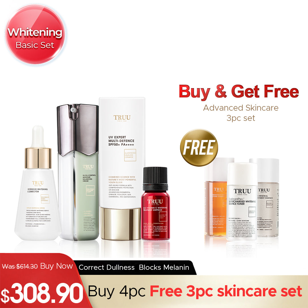 TRUU Whitening Essence + 24.5 Whitening Ampoule + 99 Cream + UV Fluid【FREE】Cleanser-30ml + Renewal Essence-30ml + Whitening Toner-30ml