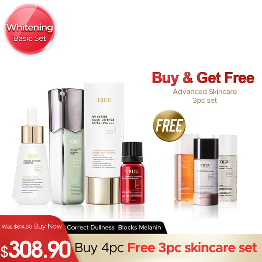 TRUU Whitening Essence + 24.5 Whitening Ampoule + 99 Cream + UV Fluid【FREE】Cleanser-30ml + Renewal Essence-30ml + Whitening Toner-30ml