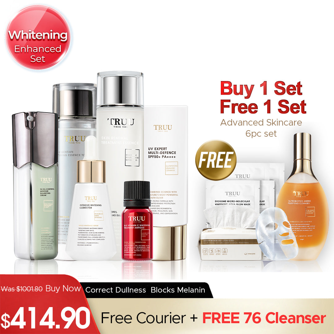 TRUU Whitening Essence + 24.5 Whitening Ampoule + 99 Cream + UV Fluid【FREE】Cleanser-30ml + Renewal Essence-30ml + Whitening Toner-30ml