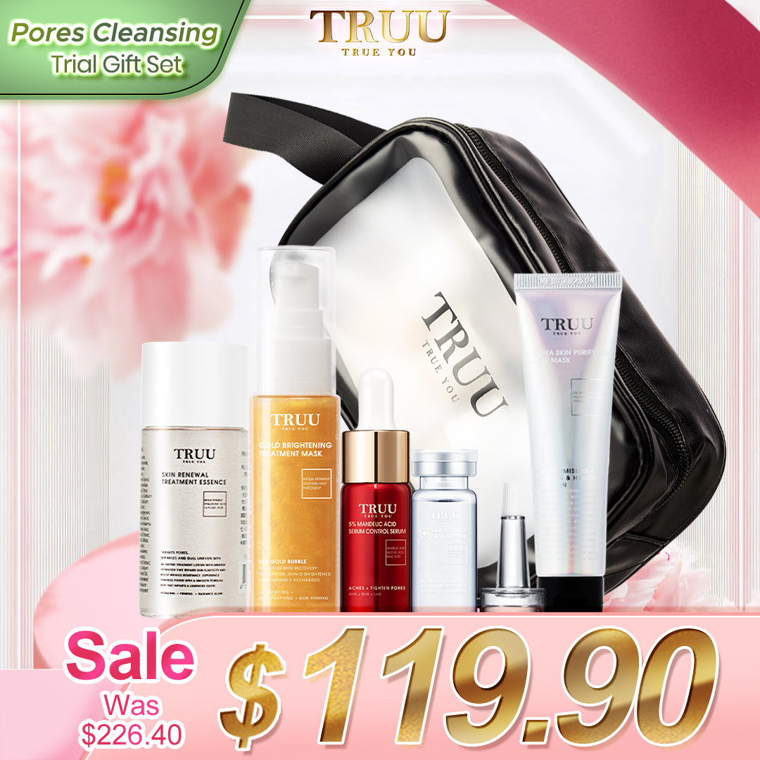 Pati Rawatan Pembaharuan Kulit TRUU -30g + Masker Rawatan Pencerahan Emas -30ml + 5% Asid Mandelik -8g + Pati Pembaikan Penghidratan -10ml + 2% BHA Skin Purifying Glow Mask 30ml + Beg Perjalanan Penjagaan Kulit