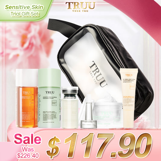 TRUU 76 Cleanser -30g + Soothing Lotion -30g + Repair Essence -10ml + Repair Cream -8g + B5 Aqua-Light Sunscreen -10ml + Skincare Travel Bag