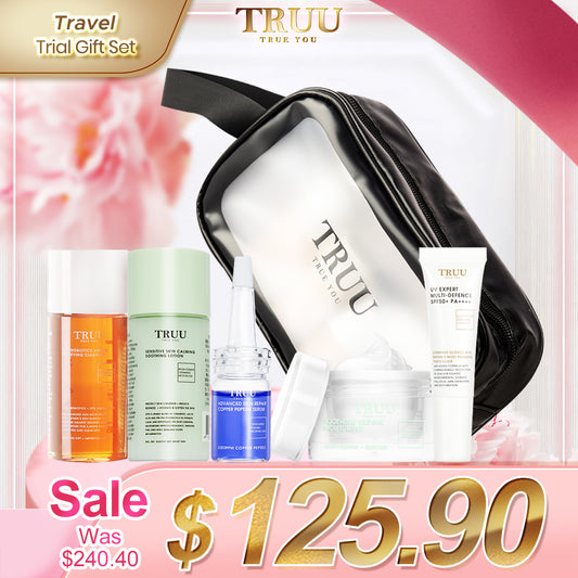 TRUU 76 Cleanser -30g + Soothing Lotion -30g + Copper Peptide Serum -7ml + Repair Cream -8g + UV Expert -10ml + Skincare Travel Bag
