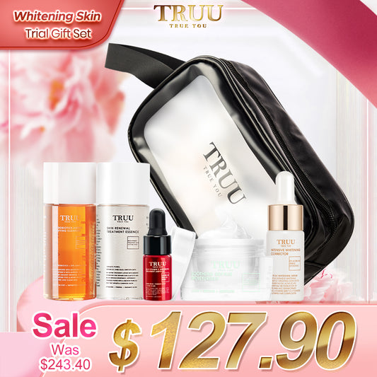 TRUU 76 Cleanser -30g + Skin Renewal Essence -30g + 24.5 Vitamin C -3ml + Dark Spot Corrector -10ml + Repair Cream -8g + Skincare Travel Bag