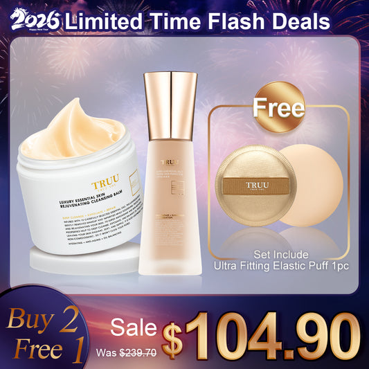 TRUU Luxury Essential Skin Rejuvenating Cleansing Balm + Ultra Luxe Royal Jelly Tinted Skin Perfector SPF50★★★【Free】Ultra-Fitting Elastic Puff