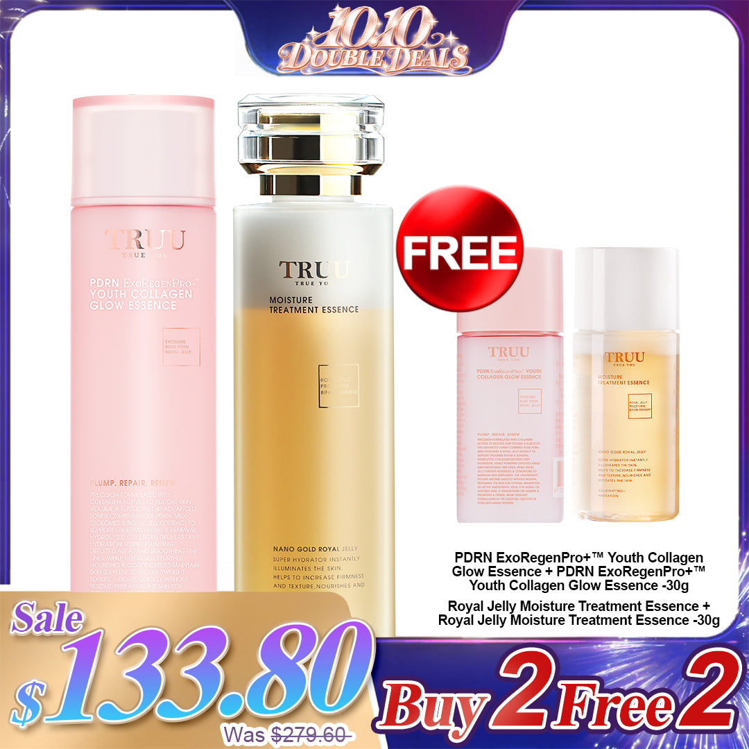 TRUU (PDRN ExoRegenPro+™ Youth Collagen Glow Essence x2 + 30ml x2 / Royal Jelly Moisture Treatment Essence x2 + 30ml x2)