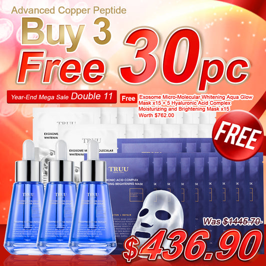 TRUU Advanced Skin Repair Copper Peptide Serum x3【Free】Exosome Micro-Molecular Whitening Aqua Glow Mask x15 + 5 Hyaluronic Acid Brightening Mask x15