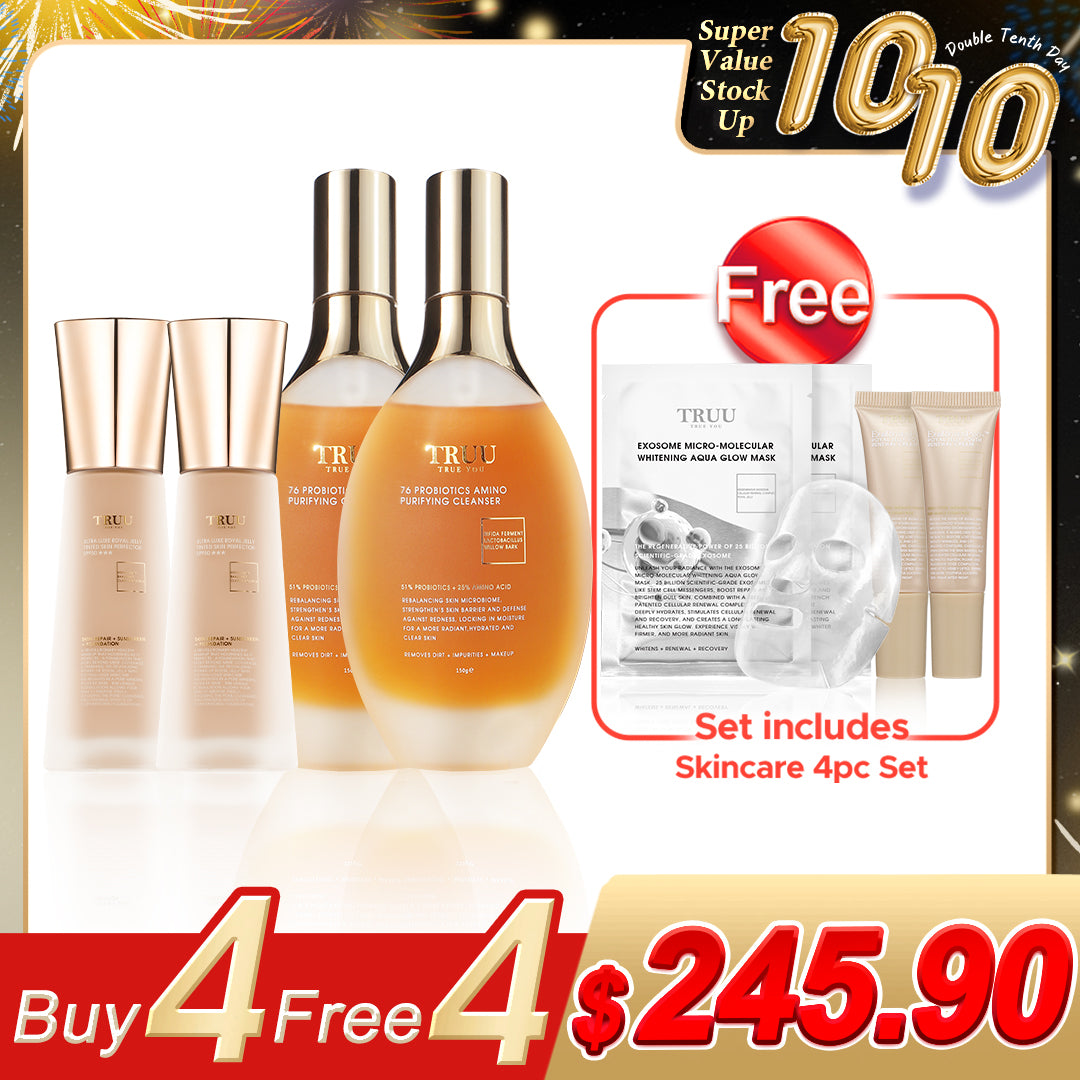 TRUU Ultra Luxe Royal Jelly Tinted Skin Perfector SPF50★★★ x2 + 76 Cleanser x2【Free】Exosome Aqua Glow Mask x2 + ExoRegenPro+™ Renewal Cream -10ML Travel Size x2