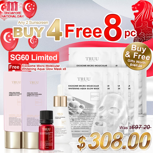 TRUU Aqua Gel Color Correcting Sunscreen SPF50+★★★(3 warna) x2 + Whitening Dark spot Corrector + 24.5 Vitamin C Whitening Treatment Ampoule【Free】Exosome Glow Mask x8