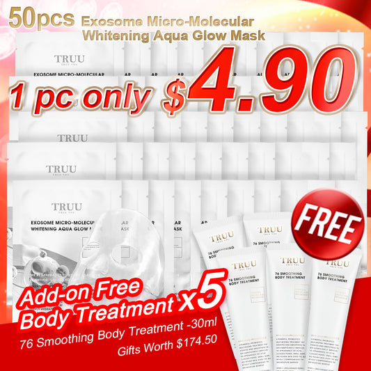 TRUU Exosome Micro-Molecular Whitening Aqua Glow Mask x50【Free】76 Smoothing Body Treatment -30ml Travel Size x5