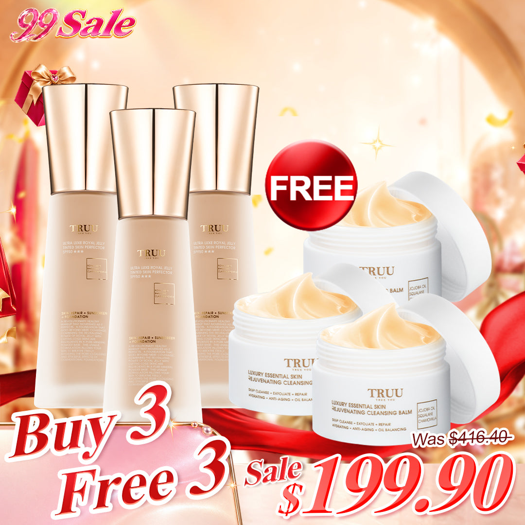 TRUU Ultra Luxe Royal Jelly Tinted Skin Perfector SPF50★★★ x3【Free】Luxury Essential Skin Rejuvenating Cleansing Balm -30ml Travel Size x3
