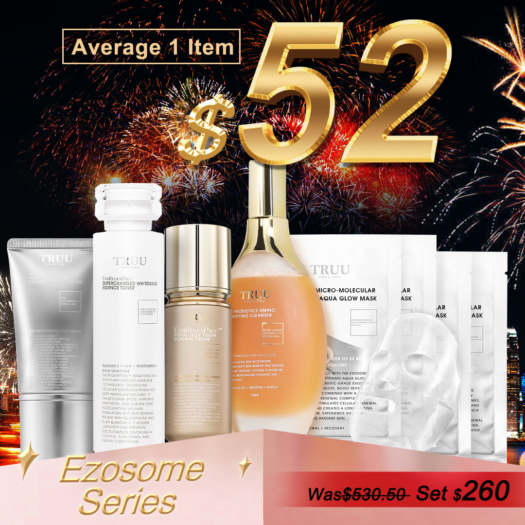 TRUU 76 Cleanser + PDRN ExoRegenPro+™ Neck Cream + ExoRegenPro+™ Whitening Toner + ExoRegenPro+™ Royal Jelly Youth Renewal Cream + Exosome Aqua Glow Maskx4