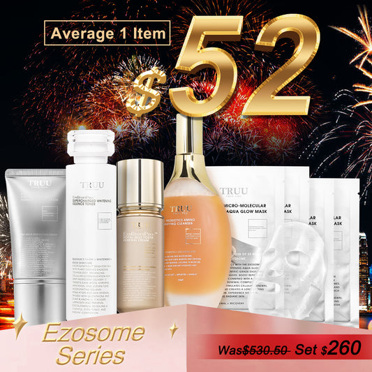TRUU 76 Cleanser + PDRN ExoRegenPro+™ Neck Cream + ExoRegenPro+™ Whitening Toner + ExoRegenPro+™ Royal Jelly Youth Renewal Cream + Exosome Aqua Glow Maskx4
