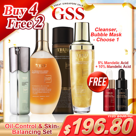 [Buy 4 Free 2] TRUU Oil Control & Skin Balance Set - Cleanser + Bubbles Mask + Toner + 99 Oil Control Cream Free 5% & 10% Mandelic Acid 8ML