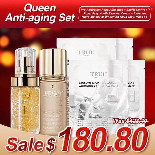 TRUU Pro Perfection Repair Essence + ExoRegenPro+™ Royal Jelly Youth Renewal Cream + Exosome Micro-Molecular Whitening Aqua Glow Mask x4 | Queen's Sale Set
