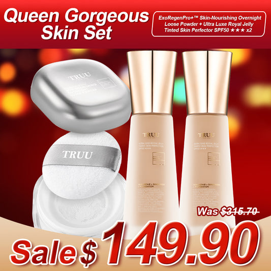 TRUU Ultra Luxe Royal Jelly Tinted Skin Perfector SPF50★★★ x2 + ExoRegenPro+™ Skin-Nourishing Overnight Loose Powder | Queen's Sale Set
