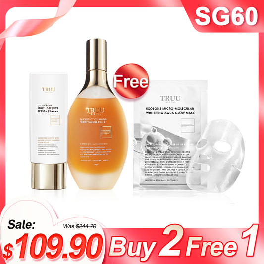 TRUU 76 Probiotics Amino Purifying Cleanser + UV Expert Multi-Defence Aqua Fluid SPF50+PA++++【Free】Exosome Micro-Molecular Whitening Aqua Glow Mask