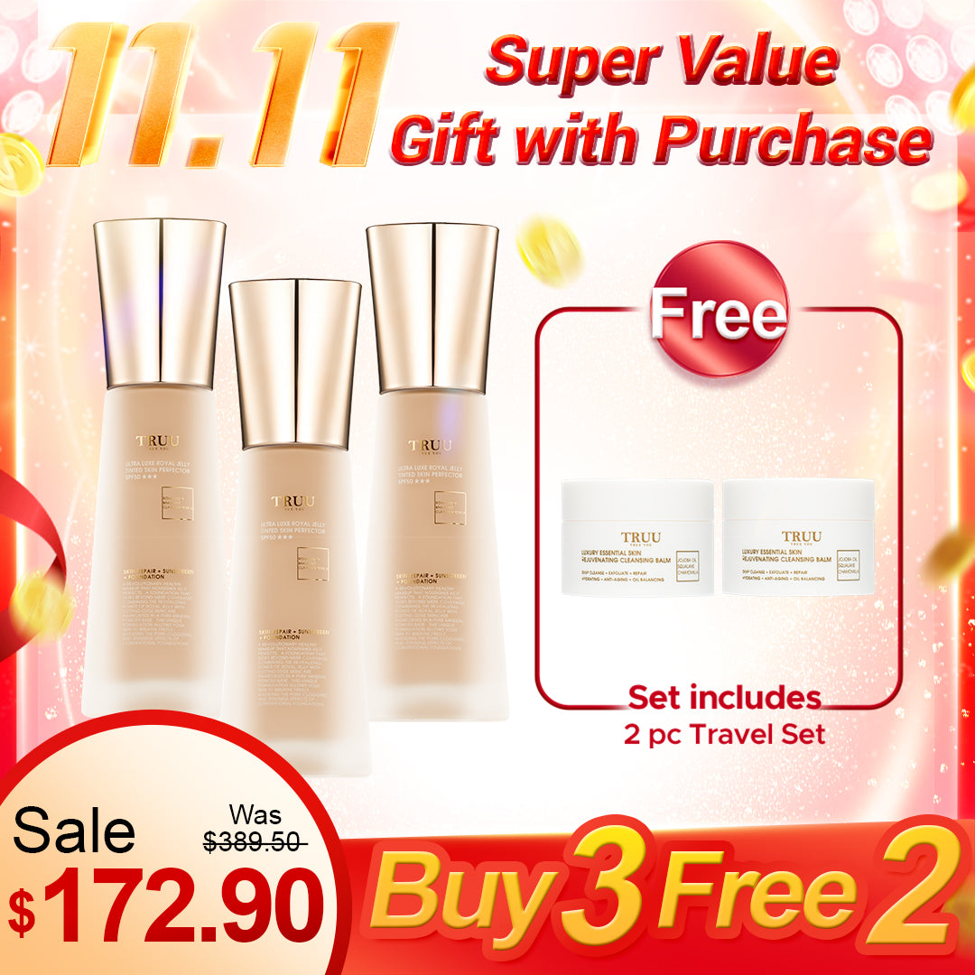 TRUU Ultra Luxe Royal Jelly Tinted Skin Perfector SPF 50★★★ x3【Free】Luxury Essential Skin Rejuvenating Cleansing Balm -30ml Travel Size x2