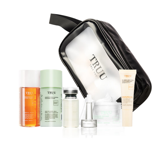 TRUU 76 Cleanser -30g + Soothing Lotion -30g + Repair Essence -10ml + Repair Cream -8g + B5 Aqua-Light Sunscreen -10ml + Skincare Travel Bag