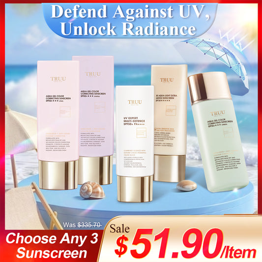 TRUU Any 2 Sunscreen (UV Fluid SPF50+ PA++++ / B5 Sensitive Skin Sunscreen SPF50★★★★★ / Color Correcting Sunscreen SPF50+★★★ Pink atau Ungu atau Green / Day Cream SPF35★★）