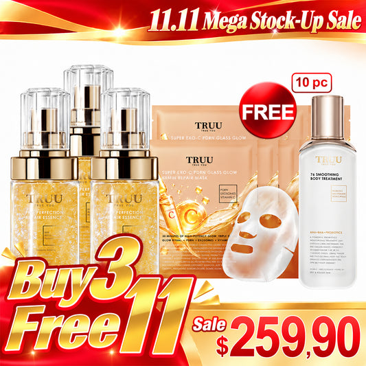 TRUU Pro Perfection Repair Essence x3【Free】Super Exo-C PDRN Glass Glow 30min Repair Mask x10 + 76 Smoothing Body Treatment