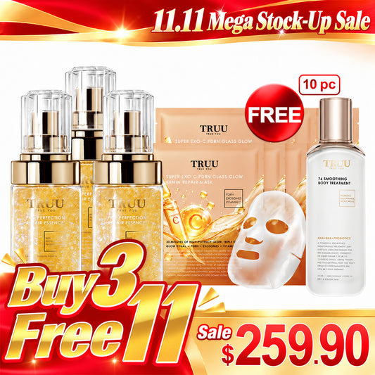 TRUU Pro Perfection Repair Essence x3【Free】Super Exo-C PDRN Glass Glow 30min Repair Mask x10 + 76 Smoothing Body Treatment