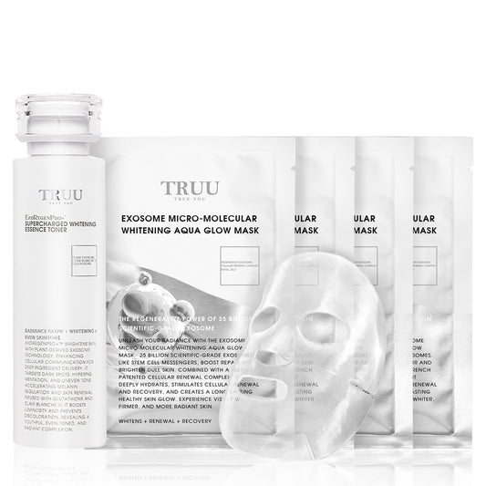 TRUU Exosome Micro-Molecular Whitening Aqua Glow Mask x4 + Supercharged Whitening Essence Toner