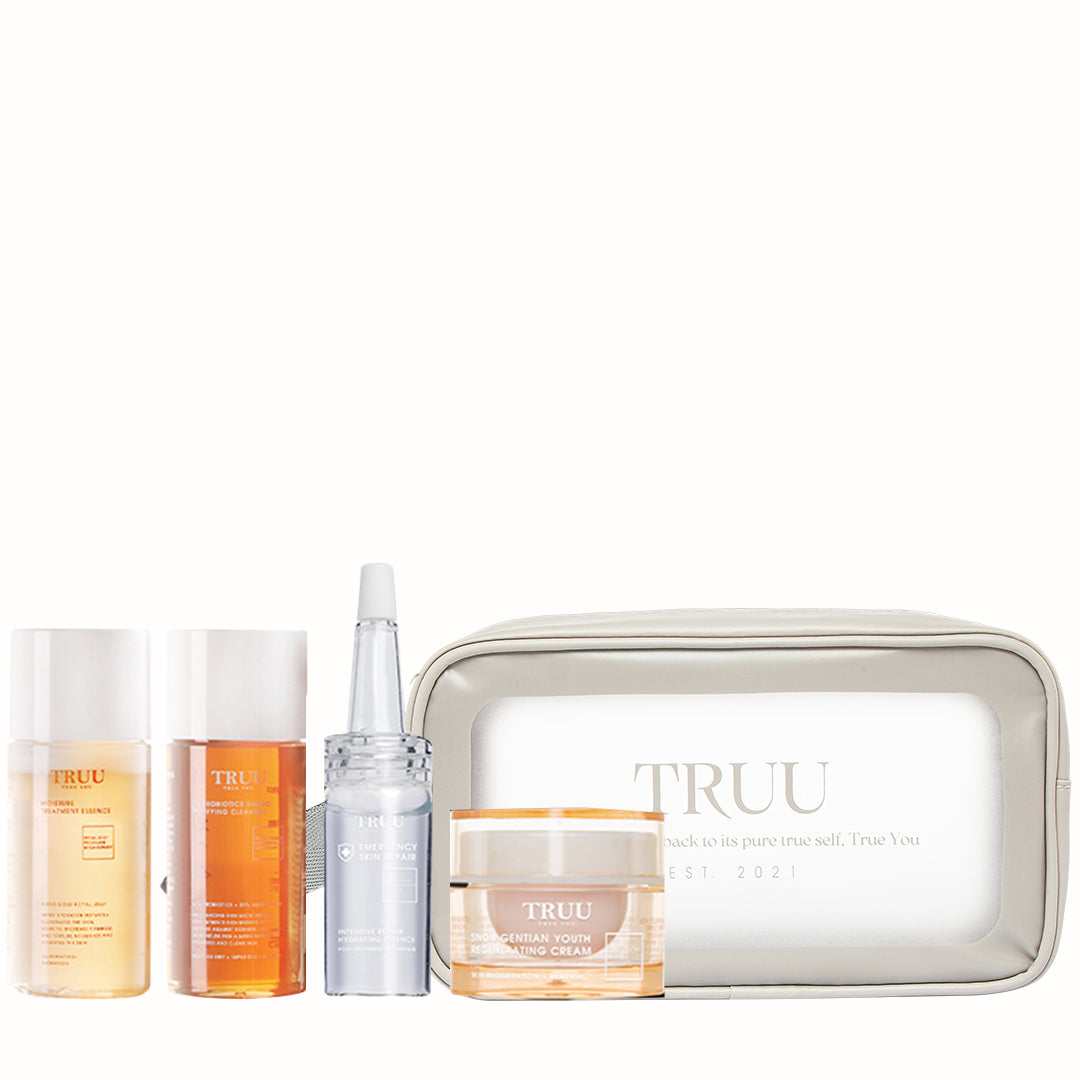 Pencuci Muka TRUU 76 -30ml + Pati Rawatan -30ml + Pati Pembaik Hidrasi -10ml + Krim Penjana Semula Keremajaan -10g + Beg Perjalanan