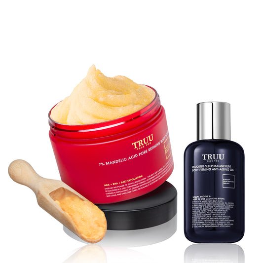 TRUU Relaxing Sleep Magnesium Body Firming Anti-Aging Oil + 7% Mandelic Acid Pore Refining Body Scrub