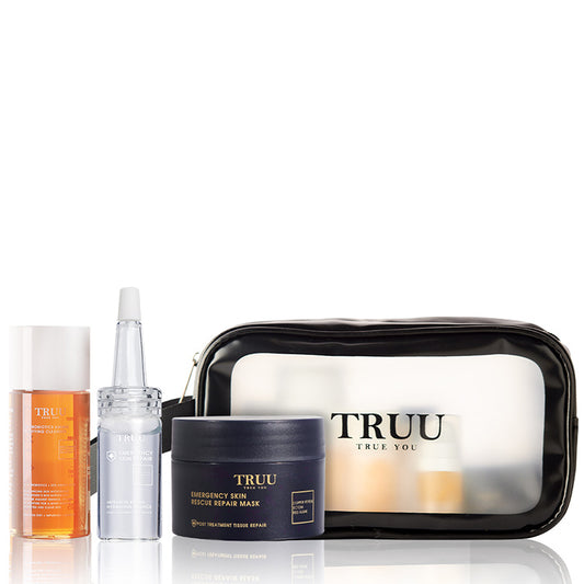 TRUU 76 Cleanser 30ml Travel size + Hydrating Repair Essence 10ml Travel size + Skin Repair Mask -30g Travel Size + Skincare Travel Bag