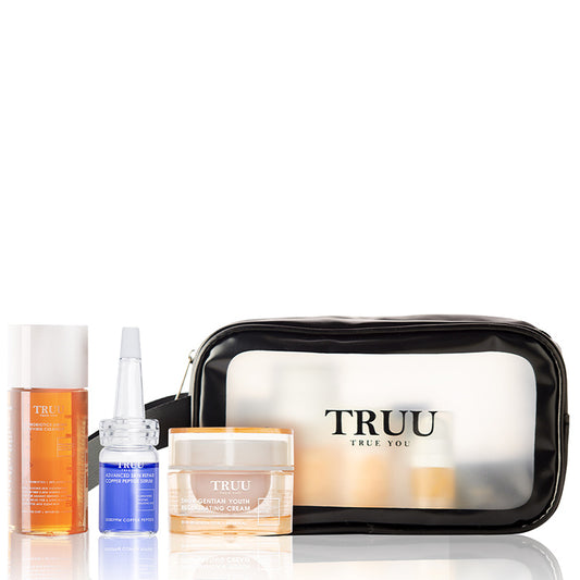 TRUU 76 Cleanser 30ml Travel size + Copper Peptide Serum -7ml Travel Size + Regenerating Cream -10g Travel Size + Skincare Travel Bag