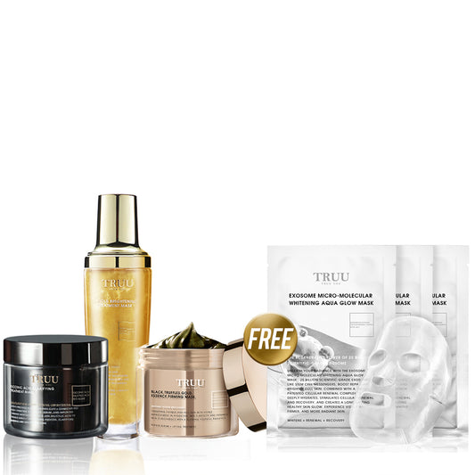 TRUU Succinic Acid Clarifying Treatment Mask +  Black Truffles Gold Essence Firming Mask + Gold Brightening Mask【FREE】Whitening Aqua Glow Mask x3 pc