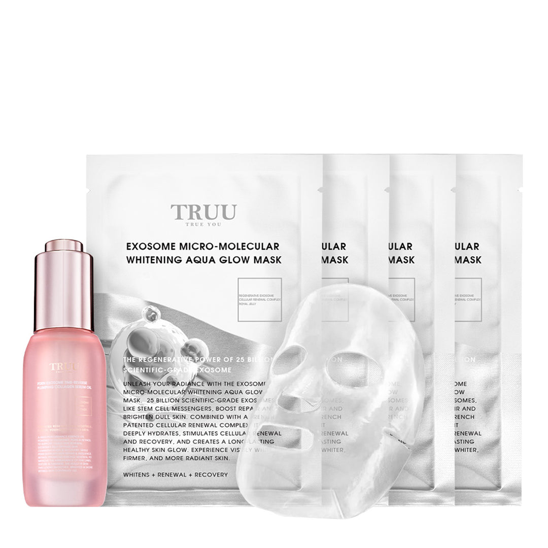 TRUU PDRN Exosome Time-Reverse Plumping Collagen Serum Oil + (Whitening Aqua Glow Mask x4 or Super Exo-C PDRN Glass Glow 30min Repair Mask x4) Pick one (Preorder End Oct)