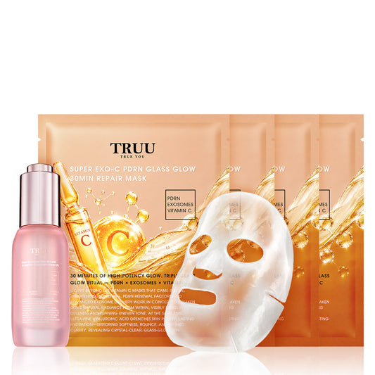 TRUU PDRN Exosome Time-Reverse Plumping Collagen Serum Oil + (Whitening Aqua Glow Mask x4 or Super Exo-C PDRN Glass Glow 30min Repair Mask x4) Pick one