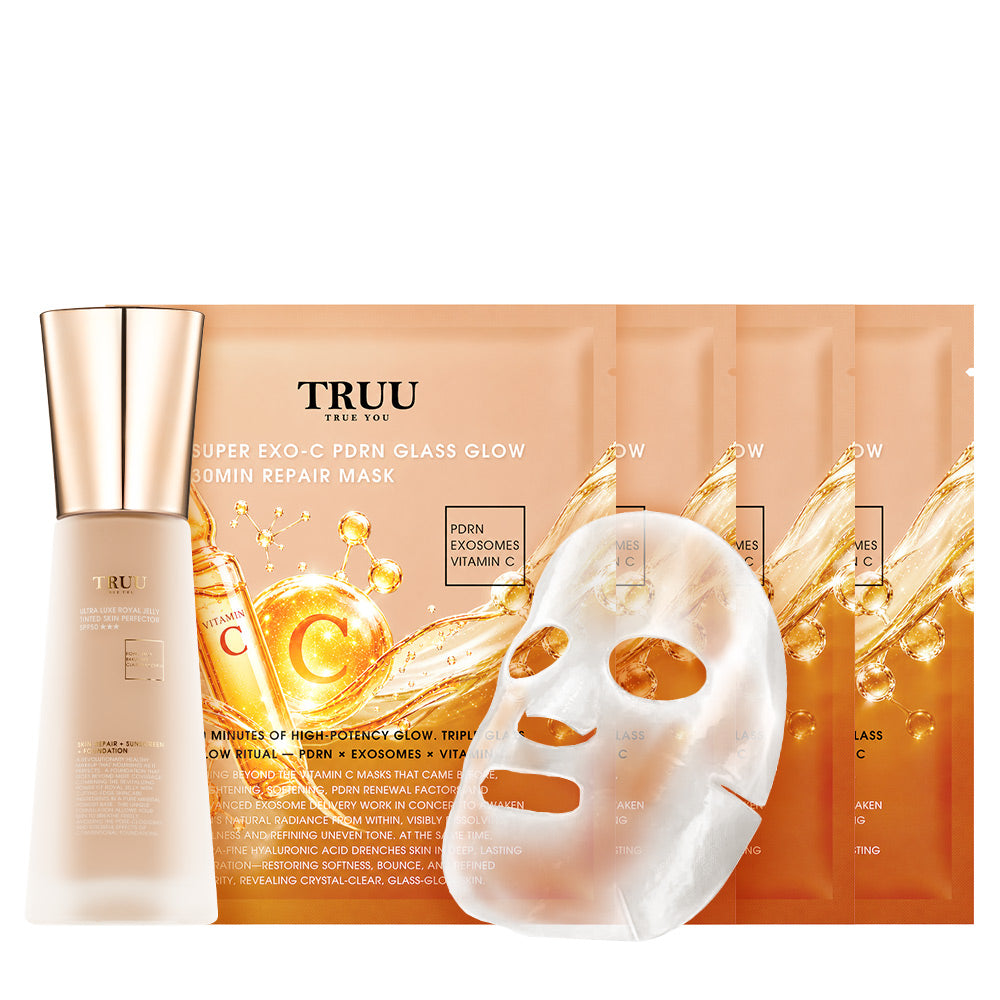 TRUU Super Exo-C PDRN Glass Glow 30min Repair Mask x4 + Ultra Luxe Royal Jelly Tinted Skin Perfector SPF50★★★ | (Preorder End Sep)